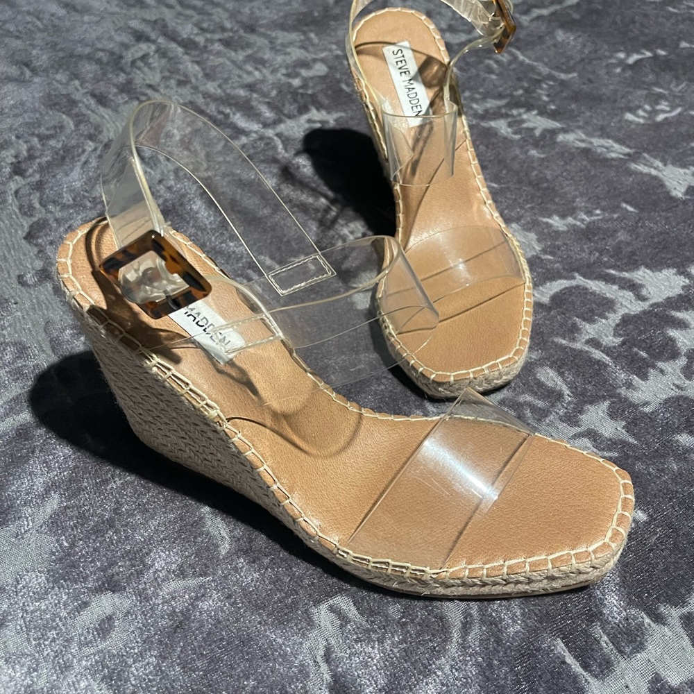 Steve Madden Espadrille Wedges with Clear Straps and Tortoiseshell Buckle